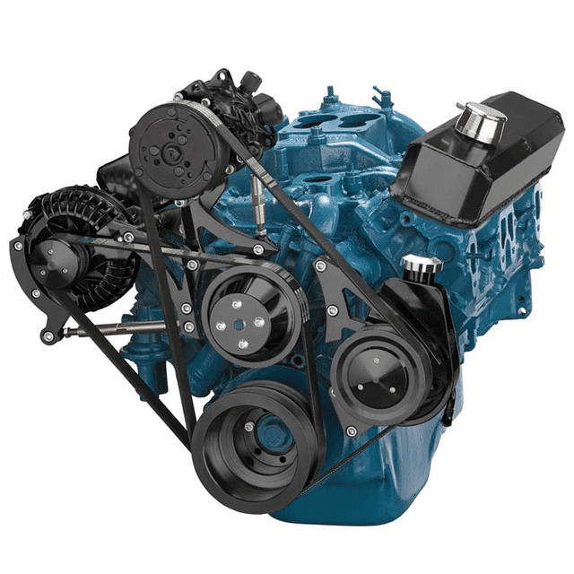 CVF SBM Serpentine System with High Mount AC, Power Steering & Alternator Brackets, For High Flow Water Pump - Black (All Inclusive)