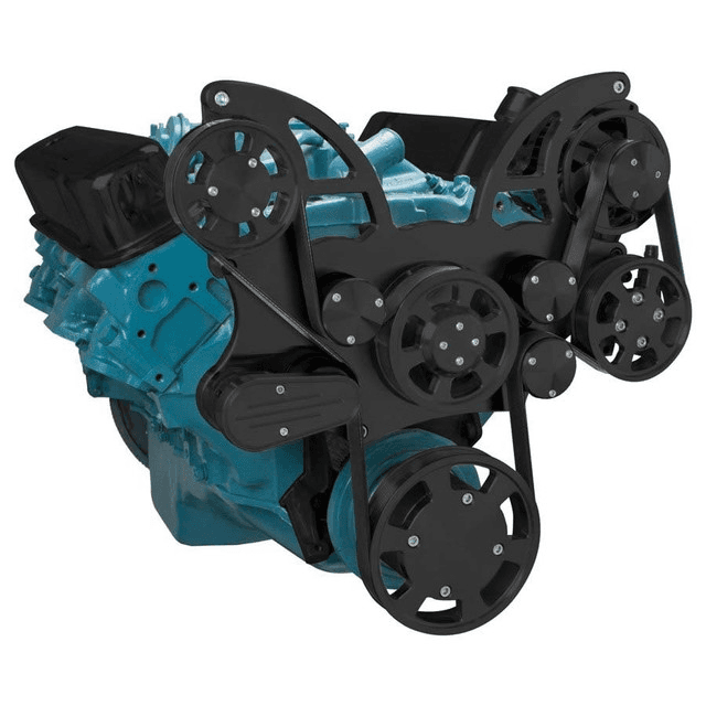 CVF Pontiac 350-400, 428 & 455 V8 Serpentine System with Power Steering Alternator For High Flow Water Pump - Black (All Inclusive)
