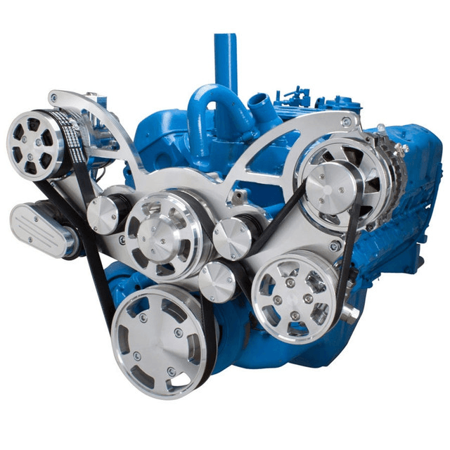 CVF AMC/Jeep 304, 360 & 401 Serpentine System with Powersteering, AC & Alternator For High Flow Water Pump - Polished (All Inclusive)