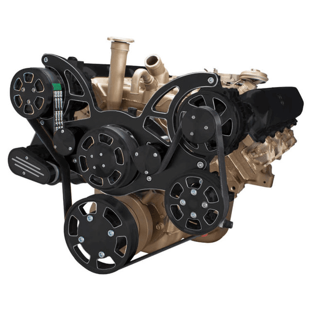CVF Oldsmobile 350-455 Serpentine System with Powersteering, AC & Alternator For High Flow Water Pump - Black Diamond (All Inclusive)