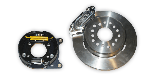 Aerospace 4 Piston Pro-Street Rear Disc Brakes For Chevy Small GM 10/12 Bolt Housing Ends (5 Lug) W/ Drum Style Parking Brake - 1/2" Studs