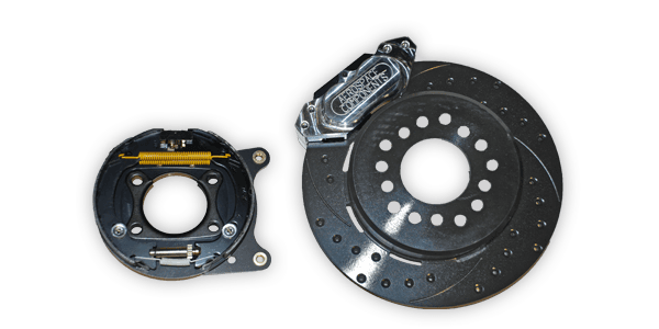 Aerospace 4 Piston Pro-Street Rear Black Coated Disc Brakes For Chevy Small GM 10/12 Bolt Housing Ends (5 Lug) W/ Drum Style Parking Brake - 1/2" Studs