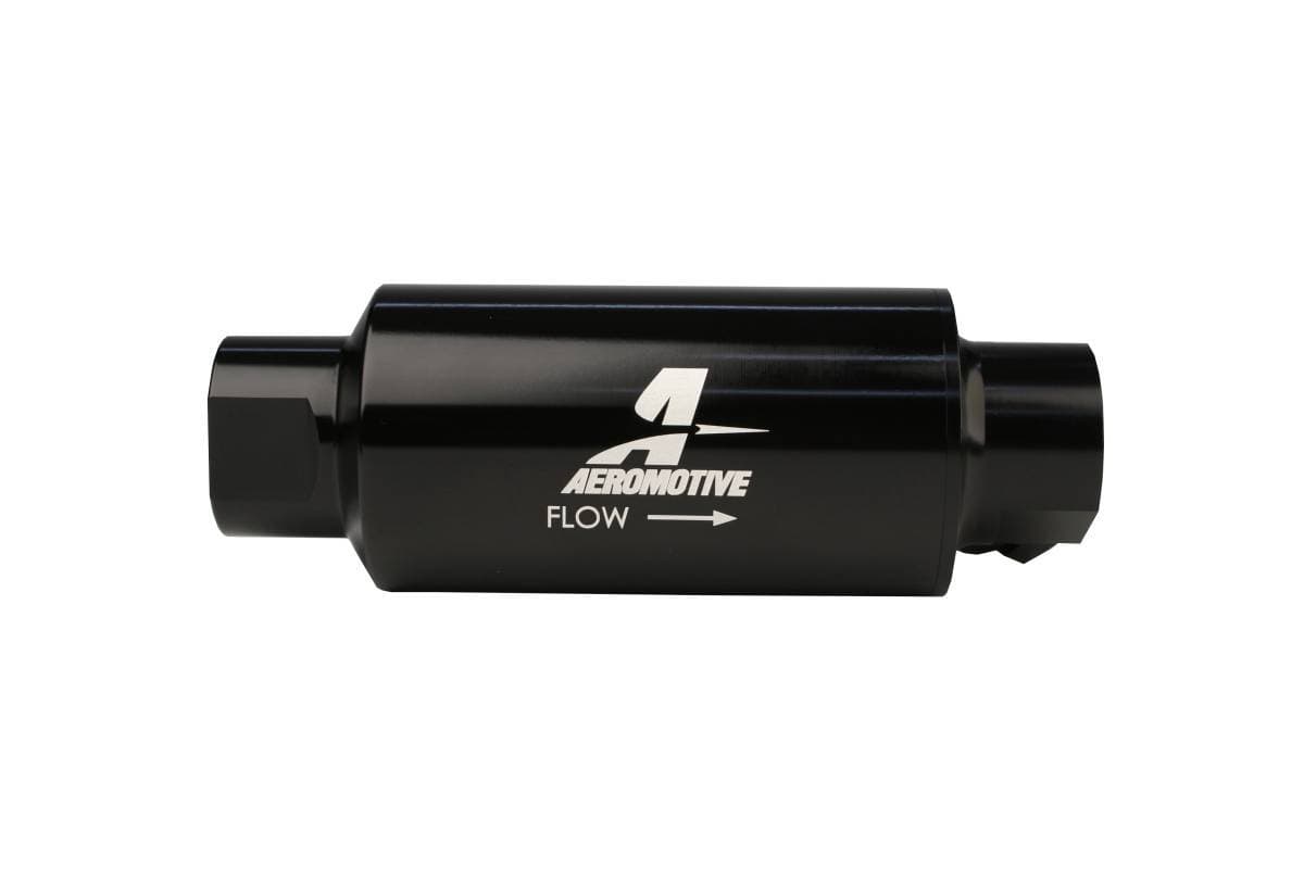 Aeromotive Filter w/ Dual Outlet 10-m Fabric Element In-Line ORB10 Inlet / Outlet plus ORB-06 Outlet Bright-Dip Black 2" OD