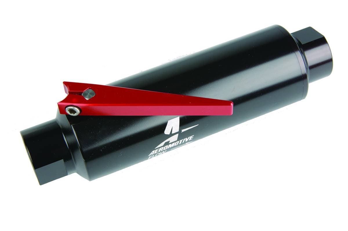 Aeromotive Filter w/ Shutoff Valve 100-Micron Stainless Mesh element In-Line ORB-10 Port Bright-Dip Black 2" OD