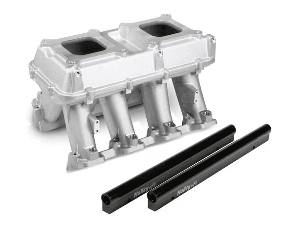 Holley Hi-Ram LS3/L92 Dual 4150 Carb Intake Manifold w/ High Flow Fuel Rails for Port Injection - Satin (Sideways and Inline Mounting)