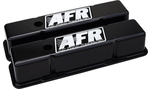 AFR SBC Aluminum Valve Tall Covers CNC Engraved, Black Powder Coat