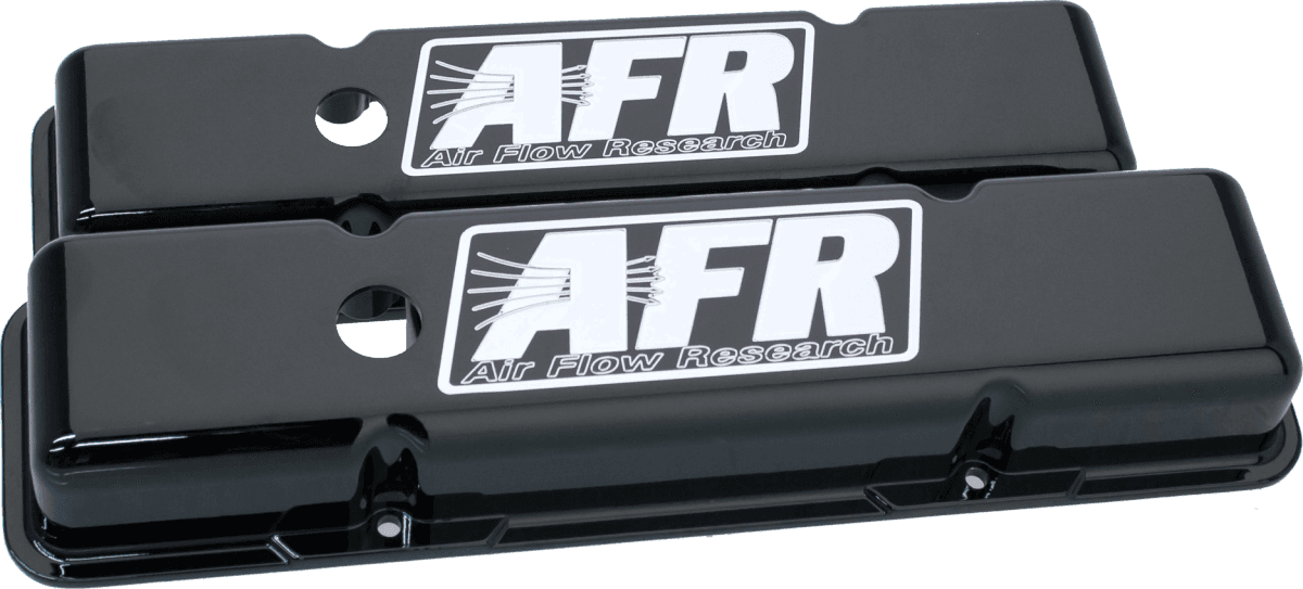 AFR SBC Aluminum Valve Standard Covers CNC Engraved, Black Powder Coat
