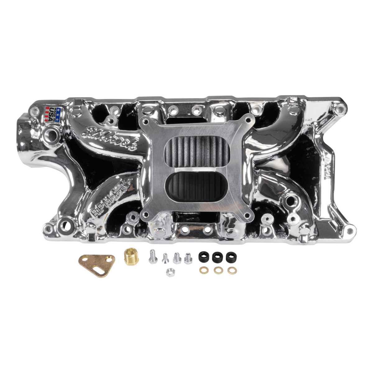 Edelbrock Performer RPM Air-Gap Dual Plane Intake Manifold for SBF 302/331/347 w/ Holley 4150 Pattern - Chrome Plasma