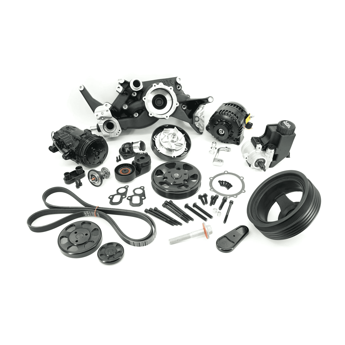 BTR LT 6-Rib Front Accessory Drive Bracketless System w/ PS, AC & Alternator and Dress-Up Kit - Black