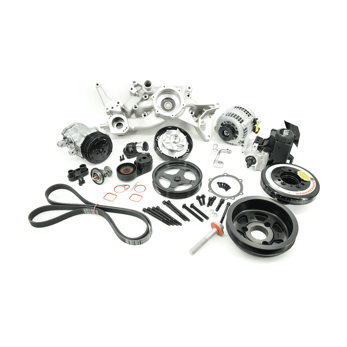 BTR LS 6-Rib Front Accessory Drive Bracketless System w/ PS, AC & Alternator and ATI Balancer - Satin