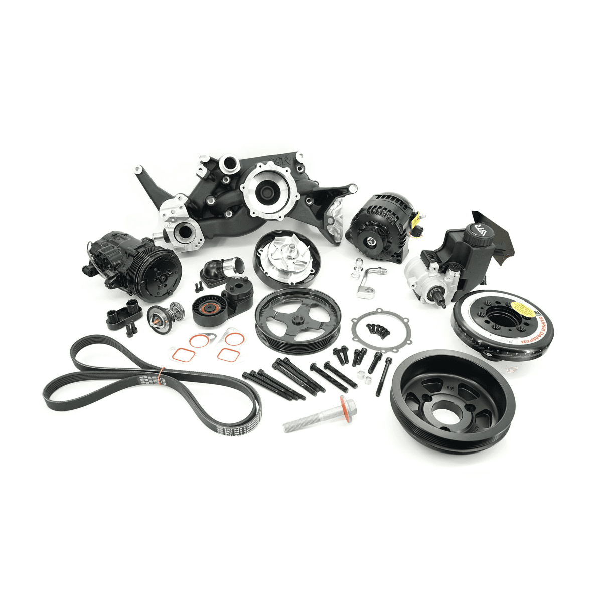 BTR LS 6-Rib Front Accessory Drive Bracketless System w/ PS, AC & Alternator and ATI Balancer - Black