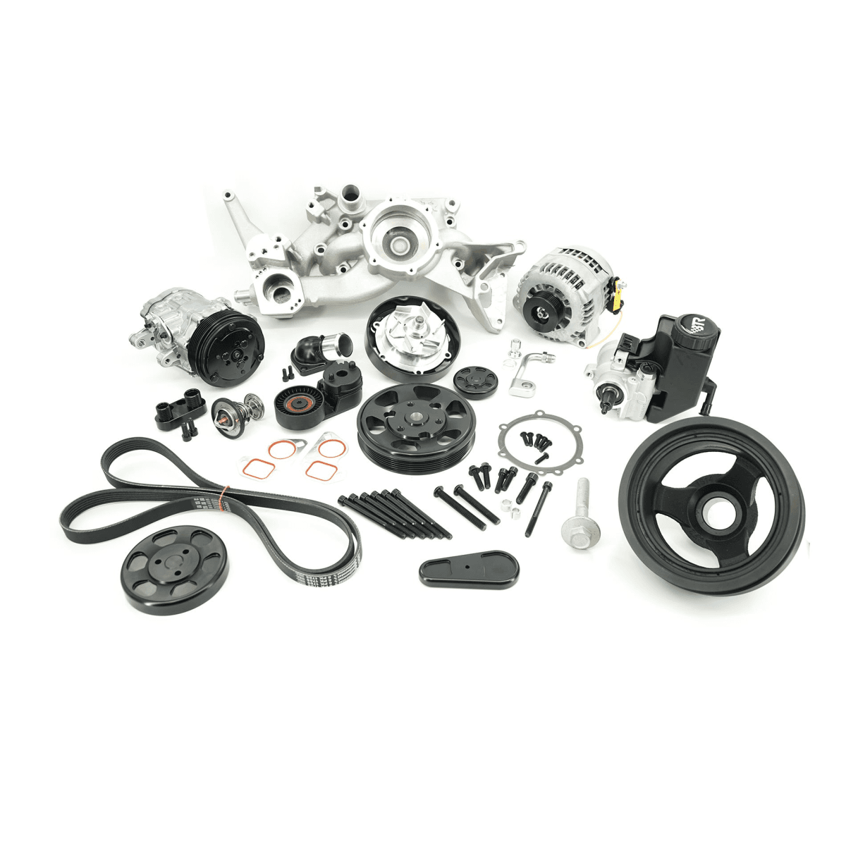 BTR LS 6-Rib Front Accessory Drive Bracketless System w/ PS, AC & Alternator and Dress-Up Kit - Satin