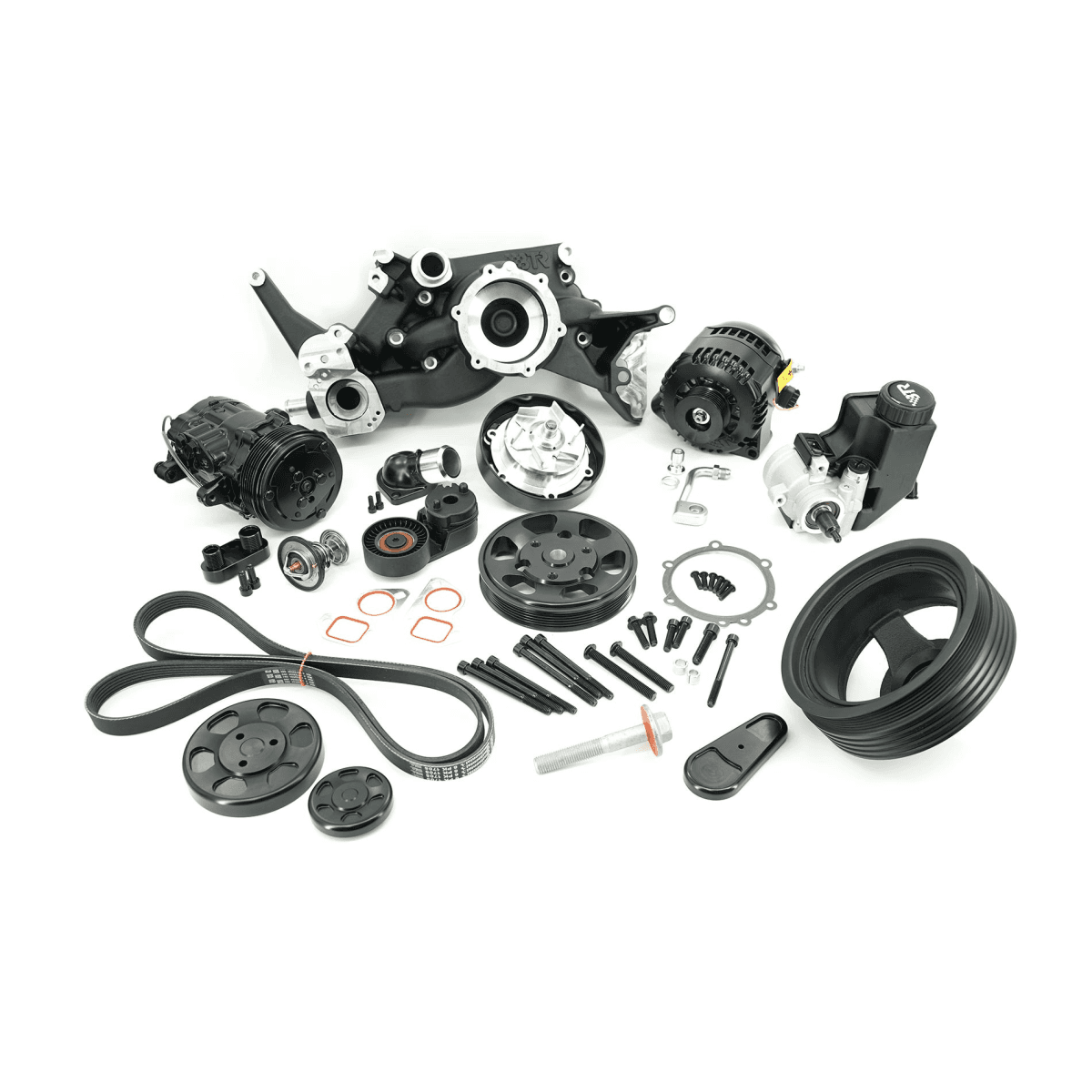 BTR LS 6-Rib Front Accessory Drive Bracketless System w/ PS, AC & Alternator and Dress-Up Kit - Black