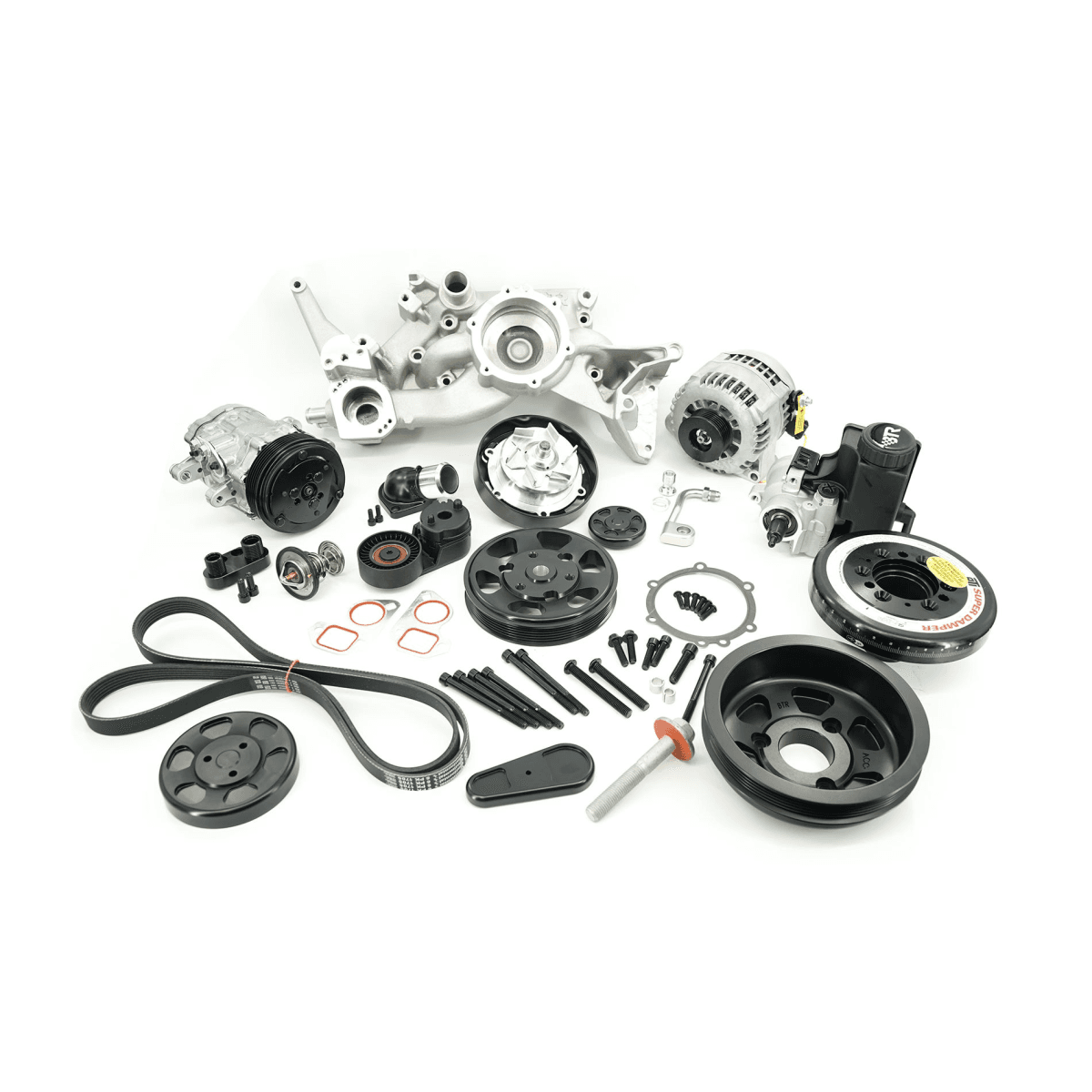 BTR LS 6-Rib Front Accessory Drive Bracketless System w/ PS, AC & Alternator, Dress-Up Kit and ATI Balancer - Satin