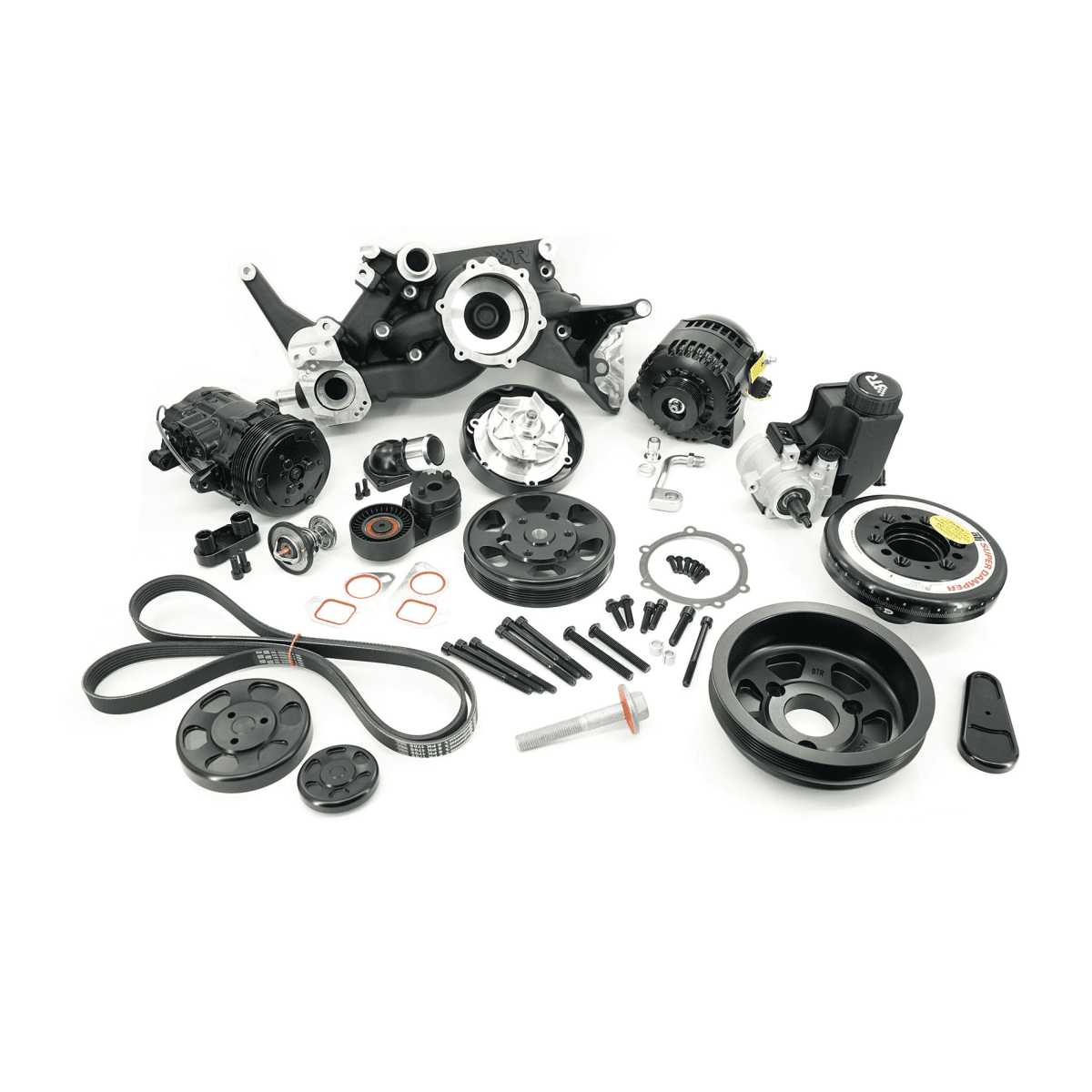 BTR LS 6-Rib Front Accessory Drive Bracketless System w/ PS, AC & Alternator, Dress-Up Kit and ATI Balancer - Black