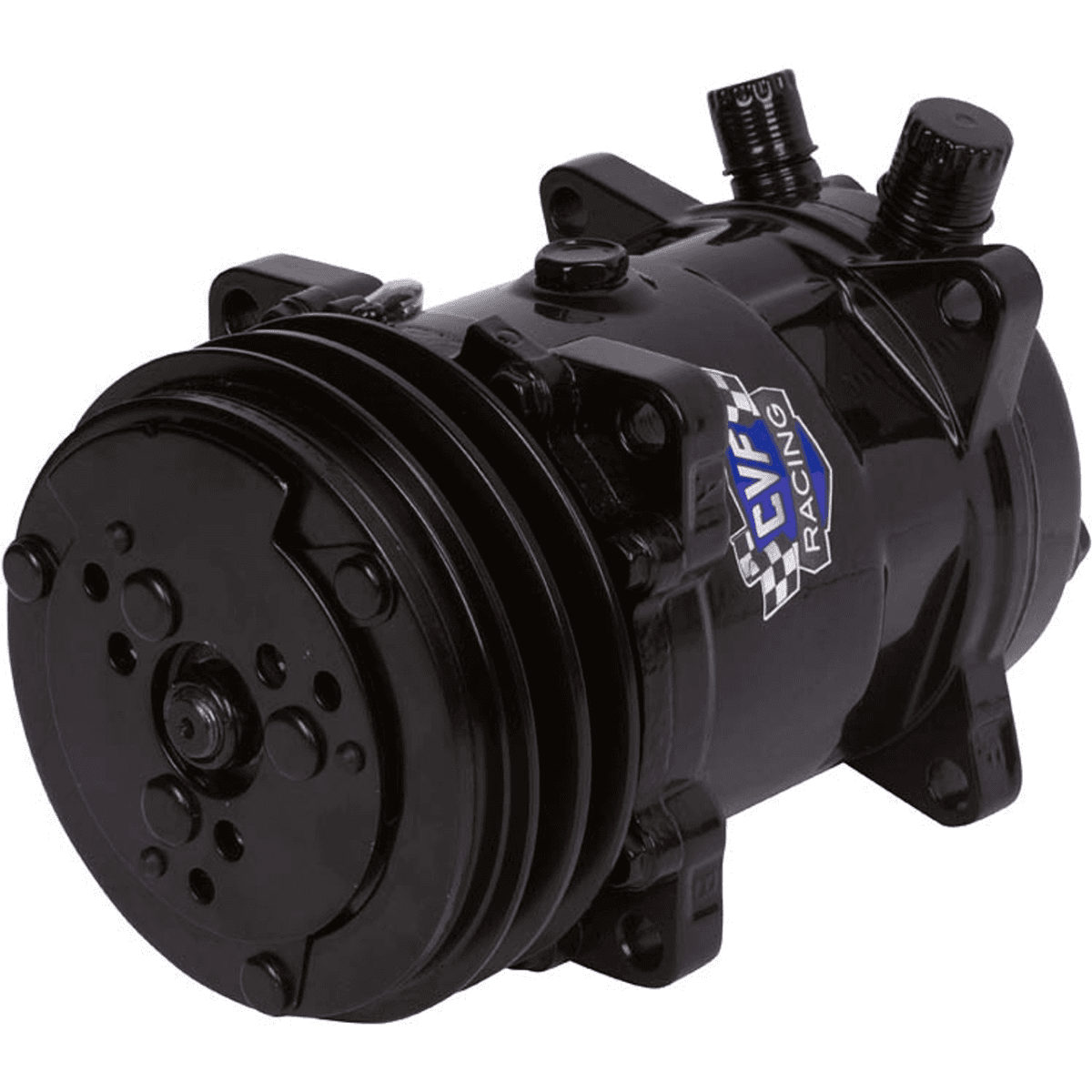 CVF R134A Sanden Style AC Compressor w/ 2 Groove V-Belt Clutch Pulley - Black Powdercoat