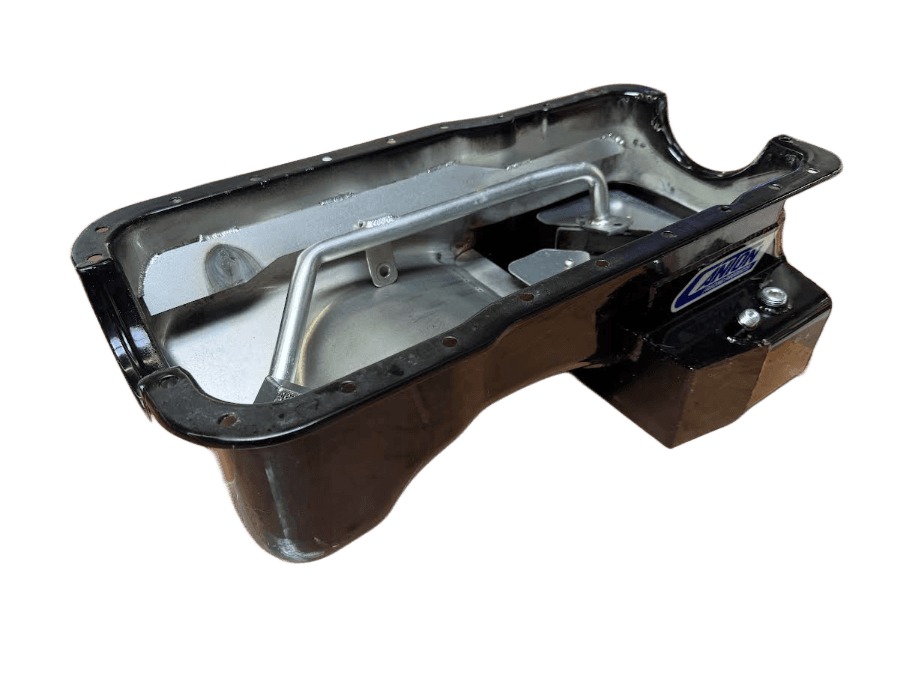 [GARAGE SALE] Canton 289-302 Canton 7 Quart T-style Rear Sump Oil Pan w/ Scraper, SC Return Bung & Oil Pickup - Black Powdercoated